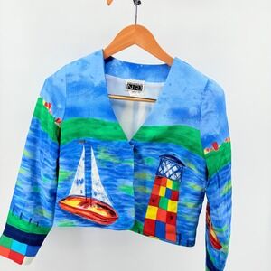 Vintage‎ N.R.1 Sandra Ow-Wing Novelty Print Blazer Jacket Nautical Sailboat Sz 0
